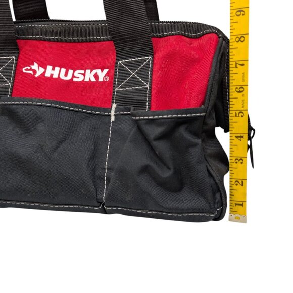 Husky Zippered Tool Bag Red Black 15 in Wide Mouth Canvas 5 Outer Pockets - Picture 7 of 11